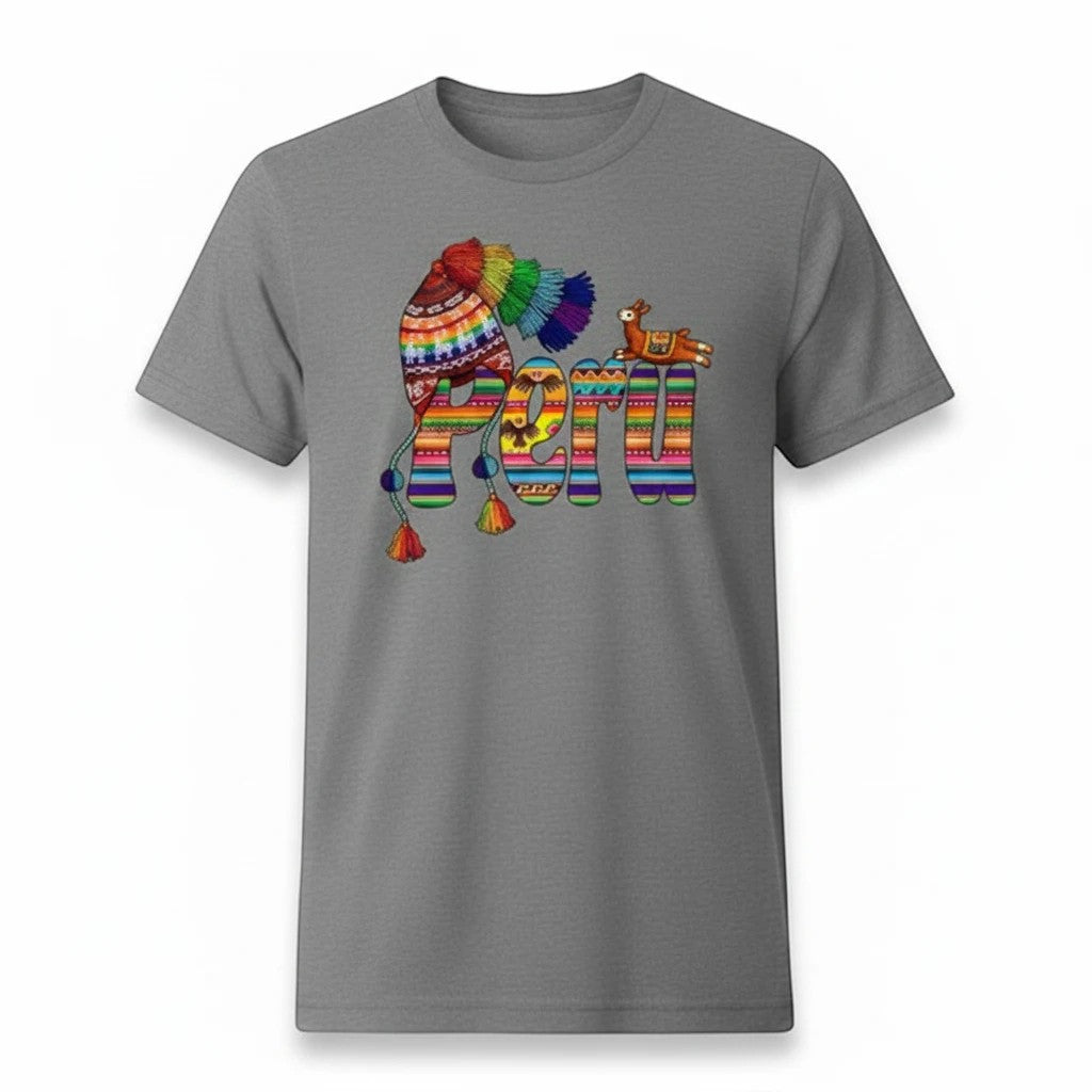 Todo Tumi gray 100% cotton unisex t-shirt featuring a colorful Peru graphic with a chullo hat and festive llama.