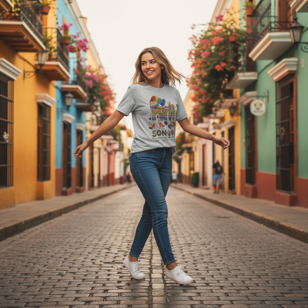 Woman wearing a gray Todo Tumi Perú Fiesta Chullo cotton tee with colorful Andean graphic on a cobblestone street.