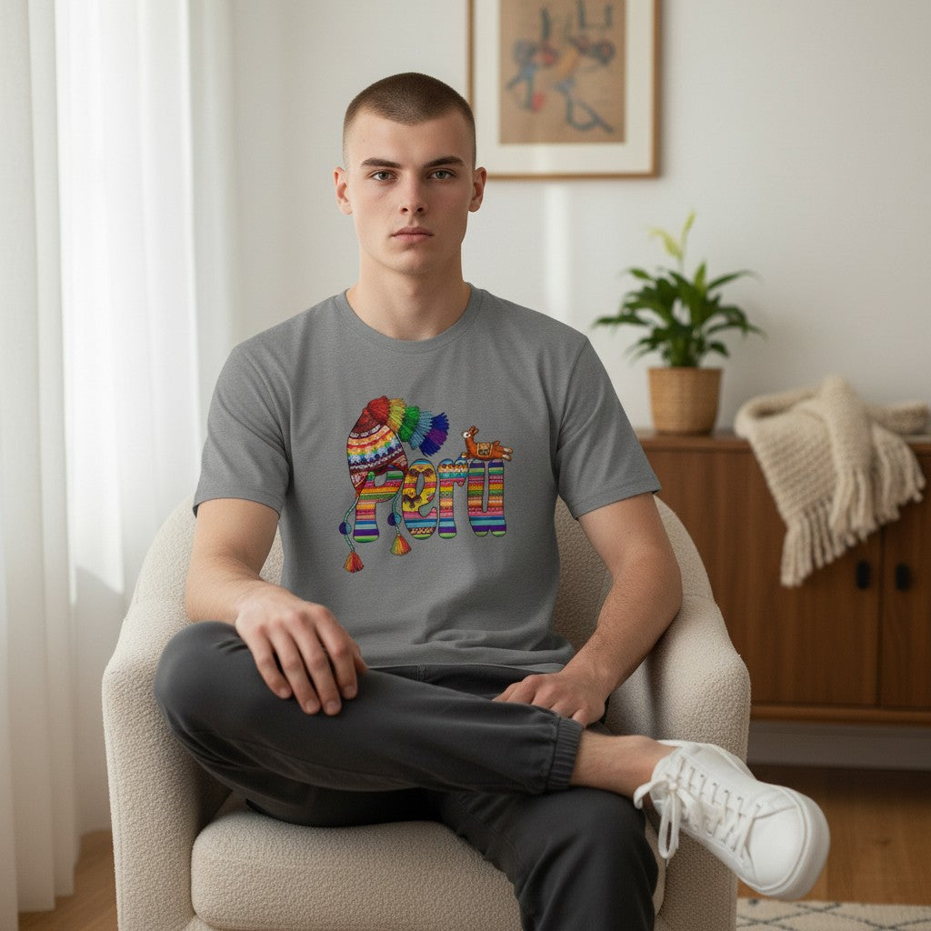 Man wearing a gray Todo Tumi Perú Fiesta Chullo cotton t-shirt with a colorful Andean chullo and llama graphic print.