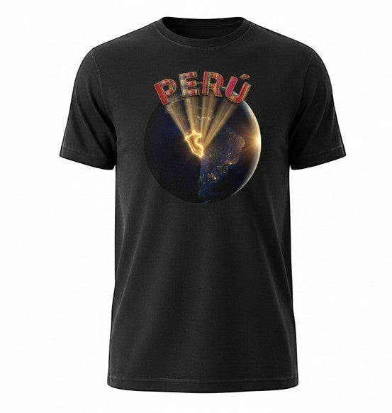 Todo Tumi black 100% cotton unisex t-shirt featuring a graphic of Earth from space with golden light over Peru.