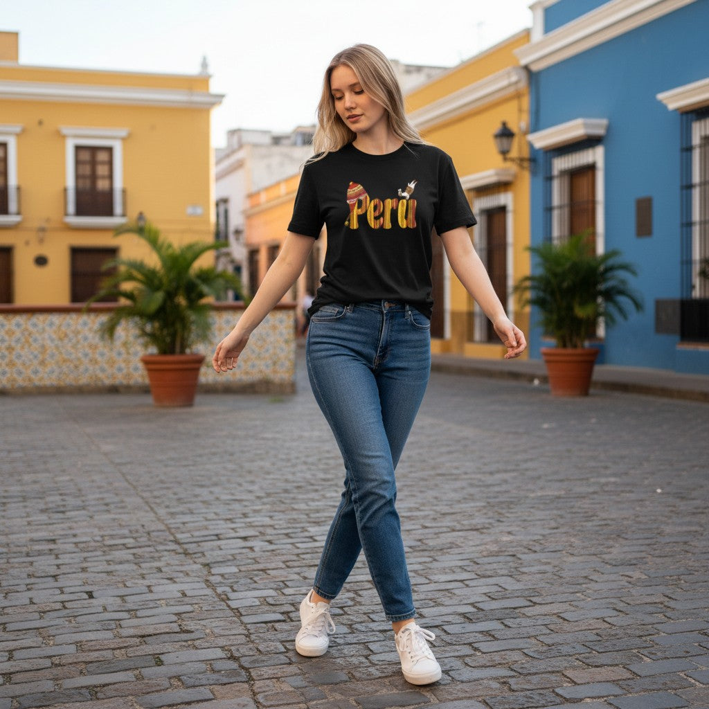 Todo Tumi black cotton t-shirt with Peru golden sunset graphic, featuring Andean textile stripes and a yoga llama.