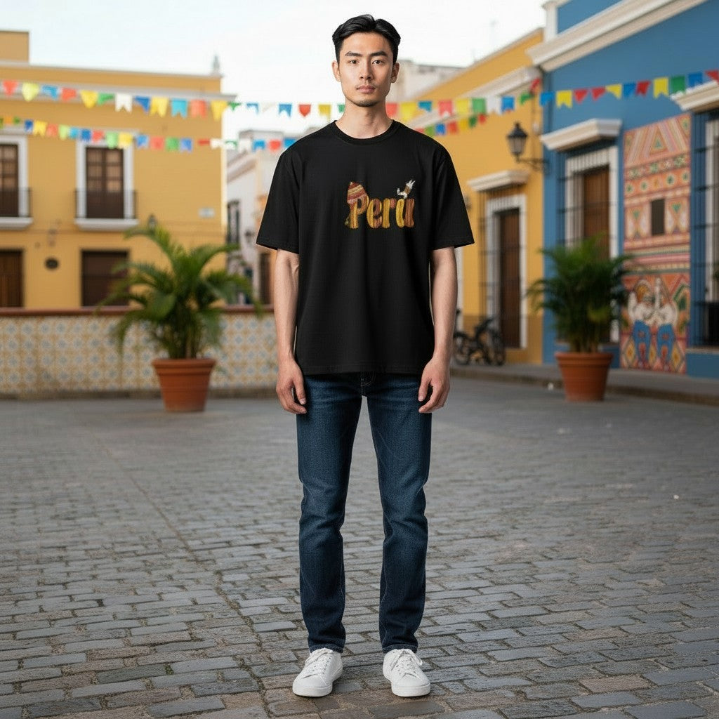 Todo Tumi black cotton t-shirt with Peru graphic featuring Andean textile patterns and a chullo hat on a man.