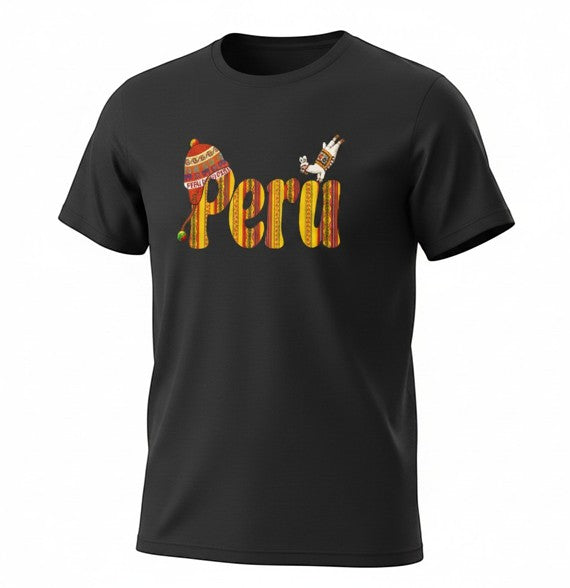 Todo Tumi black 100% cotton unisex t-shirt featuring Peru graphic with Andean sunset colors and a yoga llama.