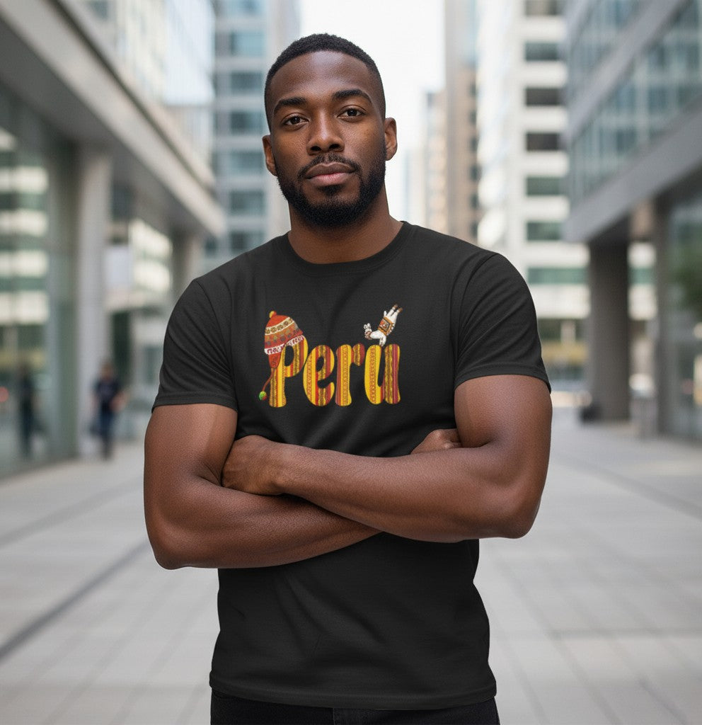 Man wearing a black Todo Tumi cotton t-shirt with a Peru graphic featuring a chullo hat and yoga llama design.