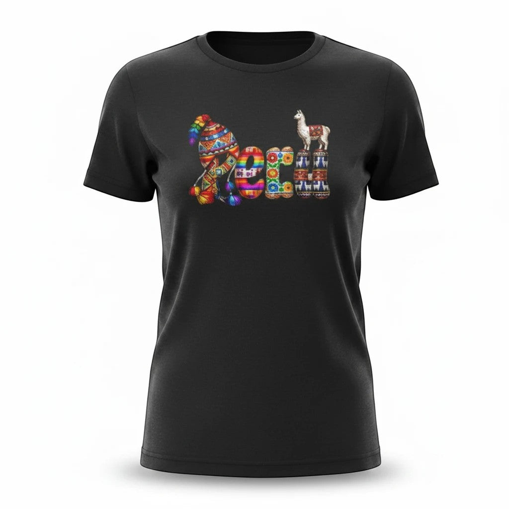 Todo Tumi black cotton women's t-shirt featuring a colorful Peru graphic with a llama and Andean patterns.