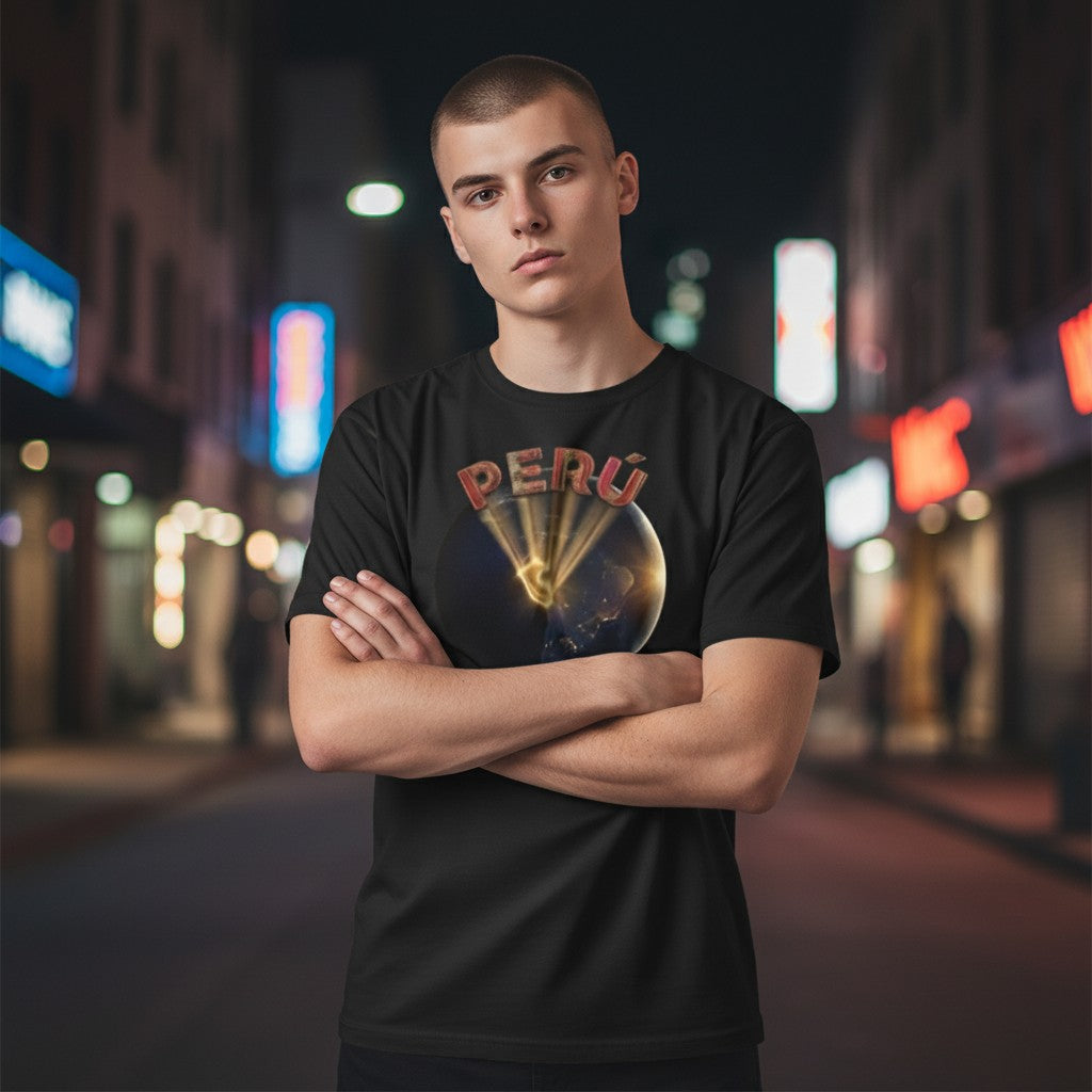 Todo Tumi black cotton crewneck t-shirt with Peru globe graphic, worn by a man on a city street at night.