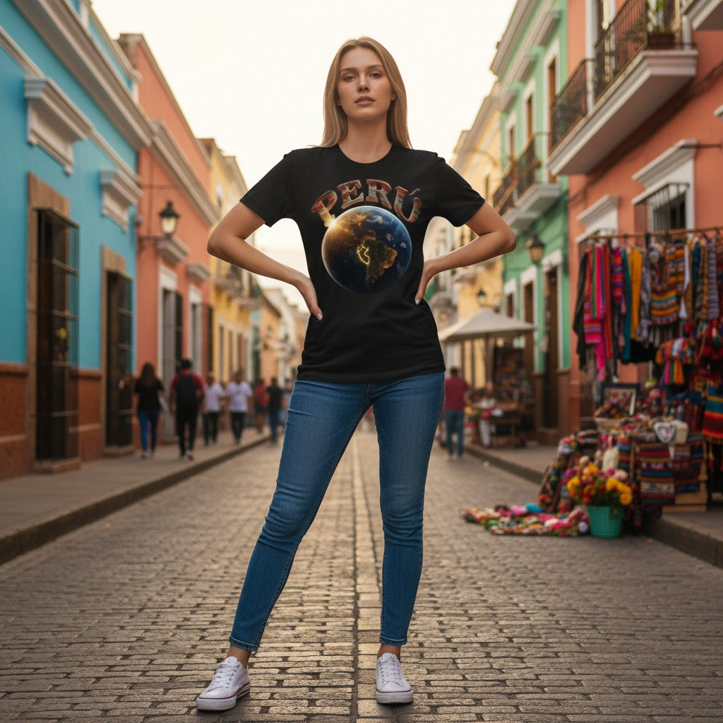 Woman wearing a Todo Tumi black cotton t-shirt with a Peru space graphic, standing on a colorful colonial street.