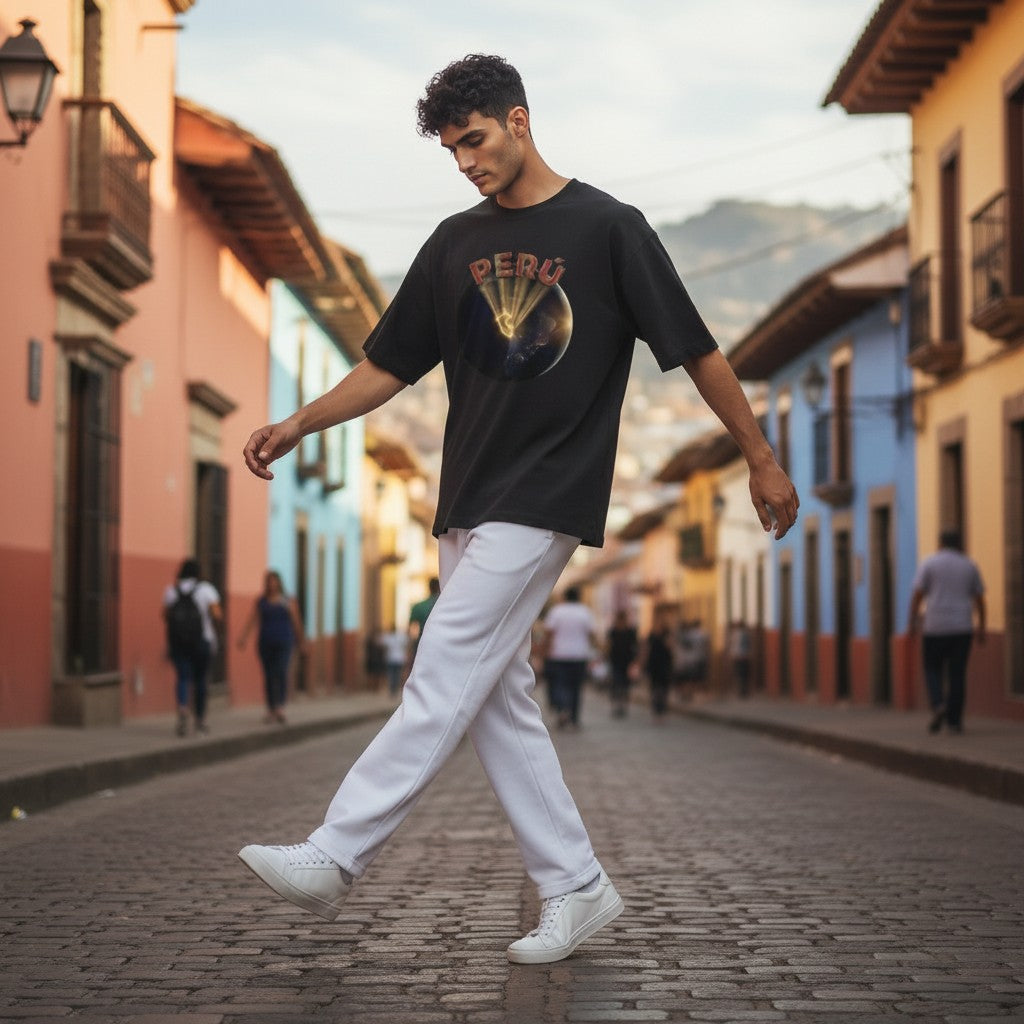Todo Tumi black cotton crewneck t-shirt with Peru space graphic, worn by a man walking on a cobblestone street.