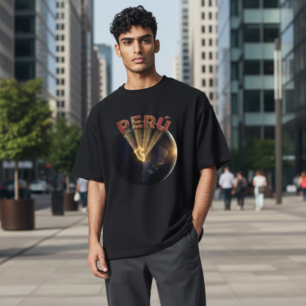 Todo Tumi black cotton crewneck t-shirt featuring a Peru globe graphic with golden light rays on a male model.