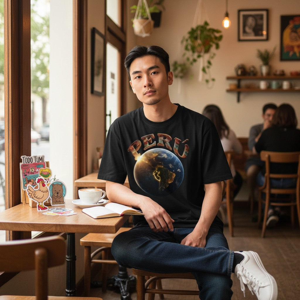 Todo Tumi black 100% cotton crewneck t-shirt with Peru graphic featuring Earth from space, worn by a man in a cafe.