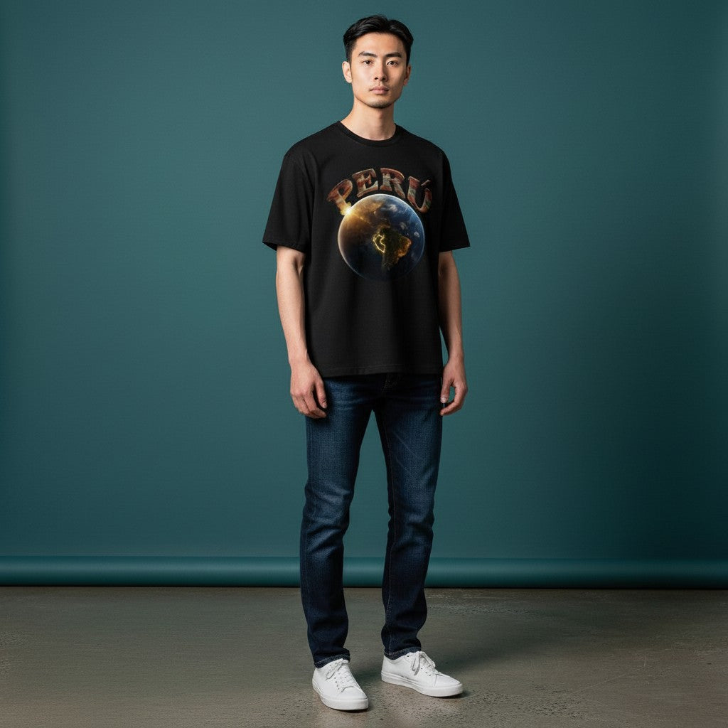 Todo Tumi black 100% cotton crewneck t-shirt featuring a space-themed Peru graphic on a male model.