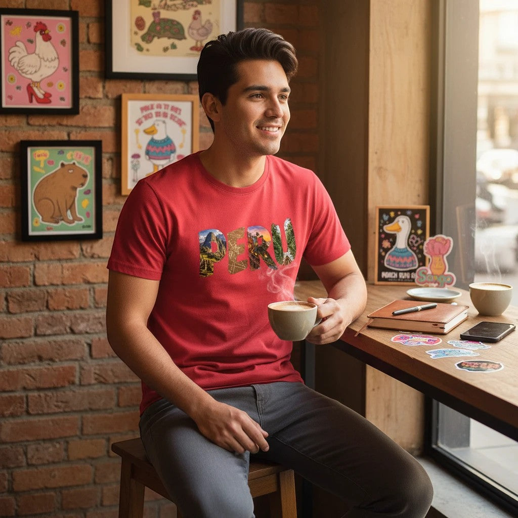 Man wearing a red Todo Tumi PERU cotton t-shirt with photographic letter graphics, sitting in a cafe.
