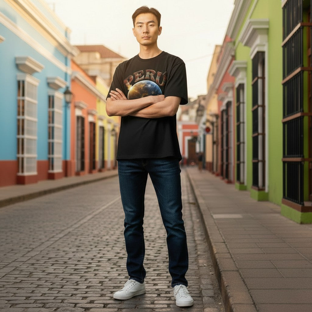 Man wearing a black Todo Tumi cotton t-shirt with a Peru space graphic, standing on a colorful cobblestone street.