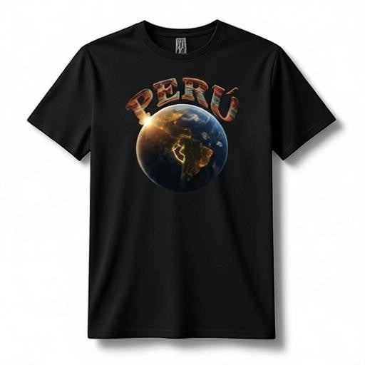 Todo Tumi black 100% cotton crewneck t-shirt featuring a graphic of Earth from space with PERÚ text above it.