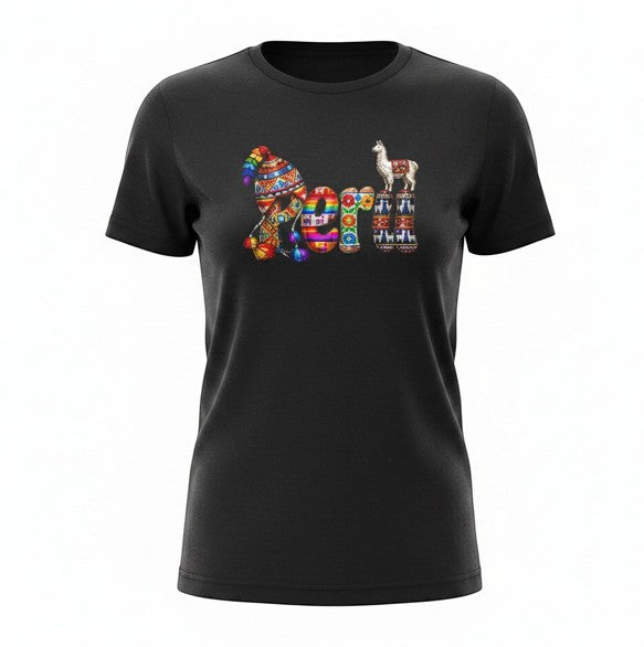 Todo Tumi black cotton women's tee featuring a colorful Peru graphic with Andean patterns and a resting llama design.