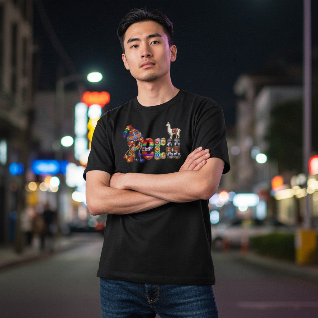 Todo Tumi black cotton crewneck t-shirt featuring a colorful Peru graphic with a lazy llama, worn by a man outdoors.