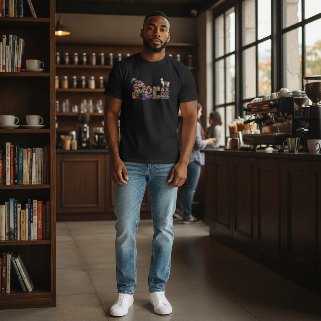 Todo Tumi black cotton crewneck t-shirt featuring a colorful Peru graphic with a lazy llama in a coffee shop setting.
