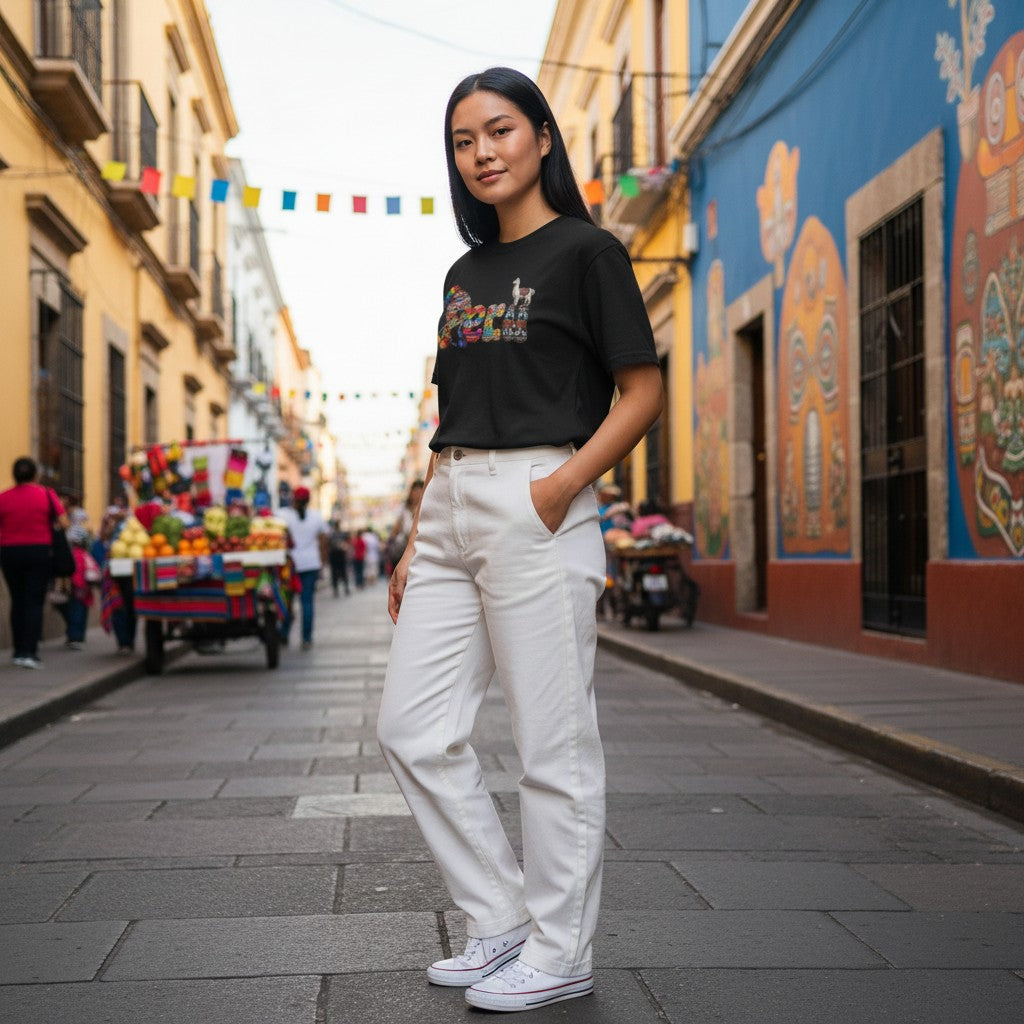 Woman wearing a black Todo Tumi cotton t-shirt with a colorful Peru llama graphic on a vibrant city street.