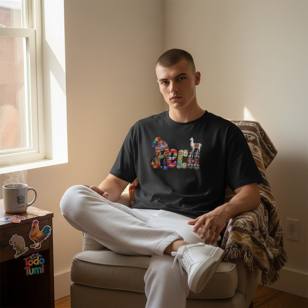 Todo Tumi black cotton crewneck t-shirt featuring a colorful Peru graphic with a lazy llama, worn by a seated man.