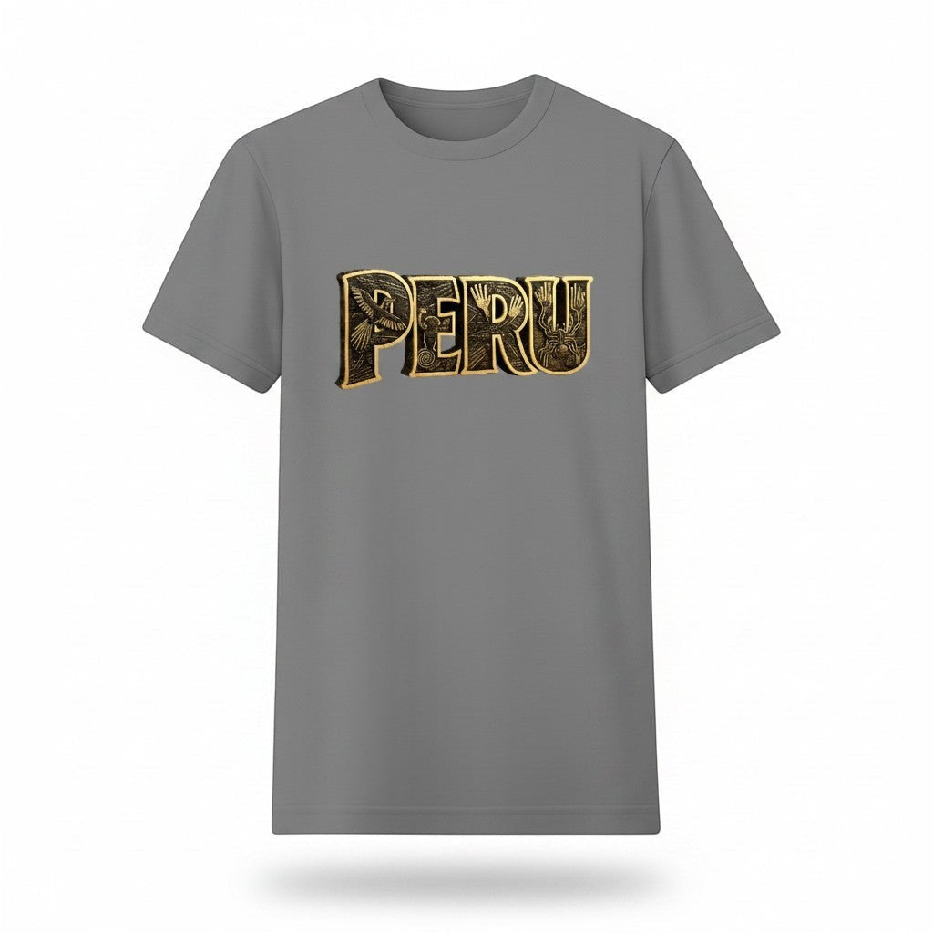 Todo Tumi gray 100% cotton unisex t-shirt featuring gold PERU text with Nazca Lines geoglyph patterns.