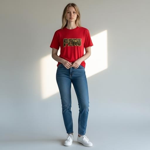 Model wearing a red Todo Tumi 100% cotton unisex tee with gold PERU Nazca Lines geoglyph graphic print.