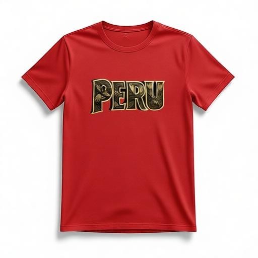 Todo Tumi red 100% cotton unisex t-shirt featuring gold PERU lettering filled with Nazca Lines geoglyph art.