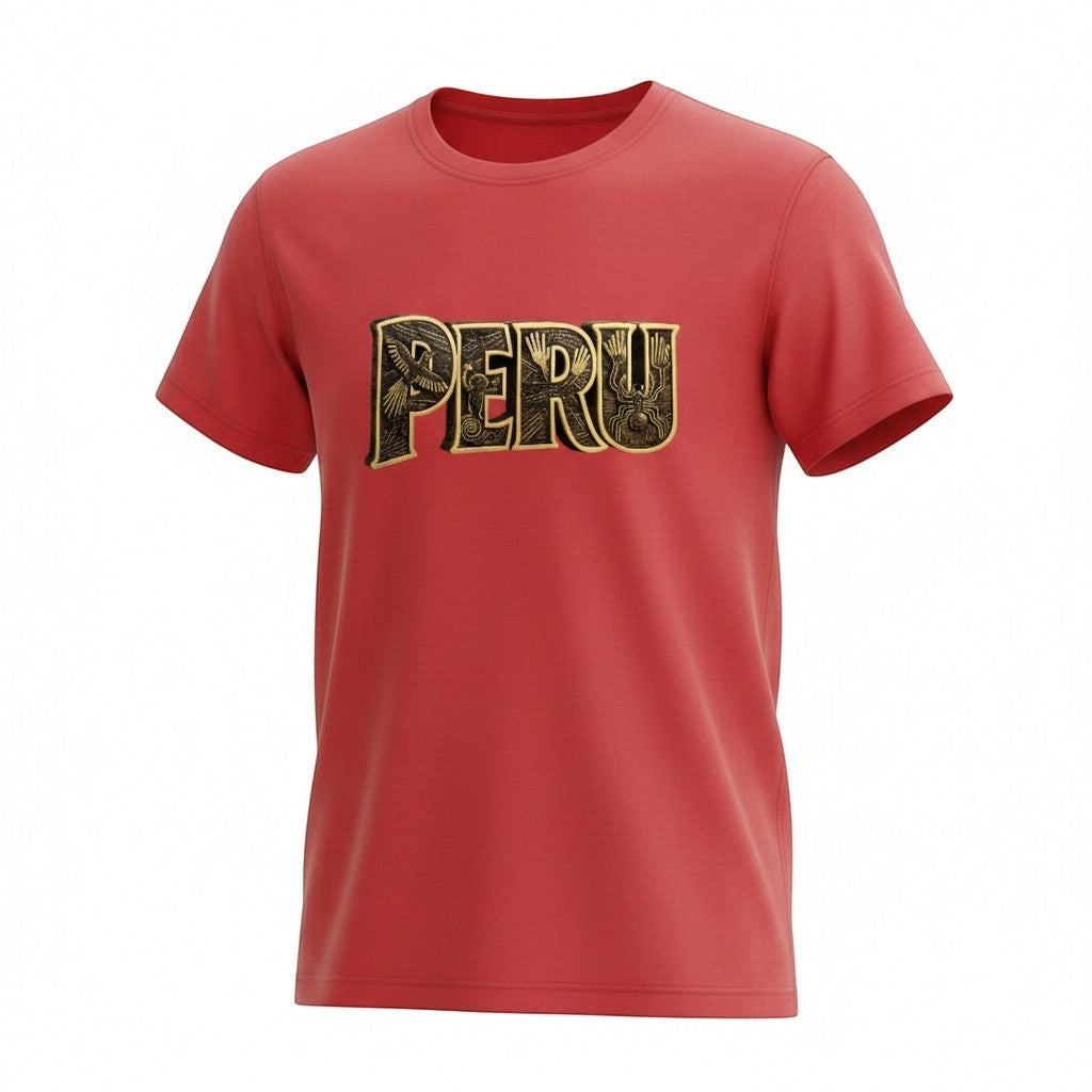 Todo Tumi red 100% cotton unisex t-shirt featuring gold PERU text with Nazca Lines geoglyph graphics.