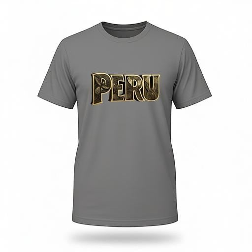 Todo Tumi gray 100% cotton unisex t-shirt featuring gold PERU text filled with Nazca Lines geoglyph designs.