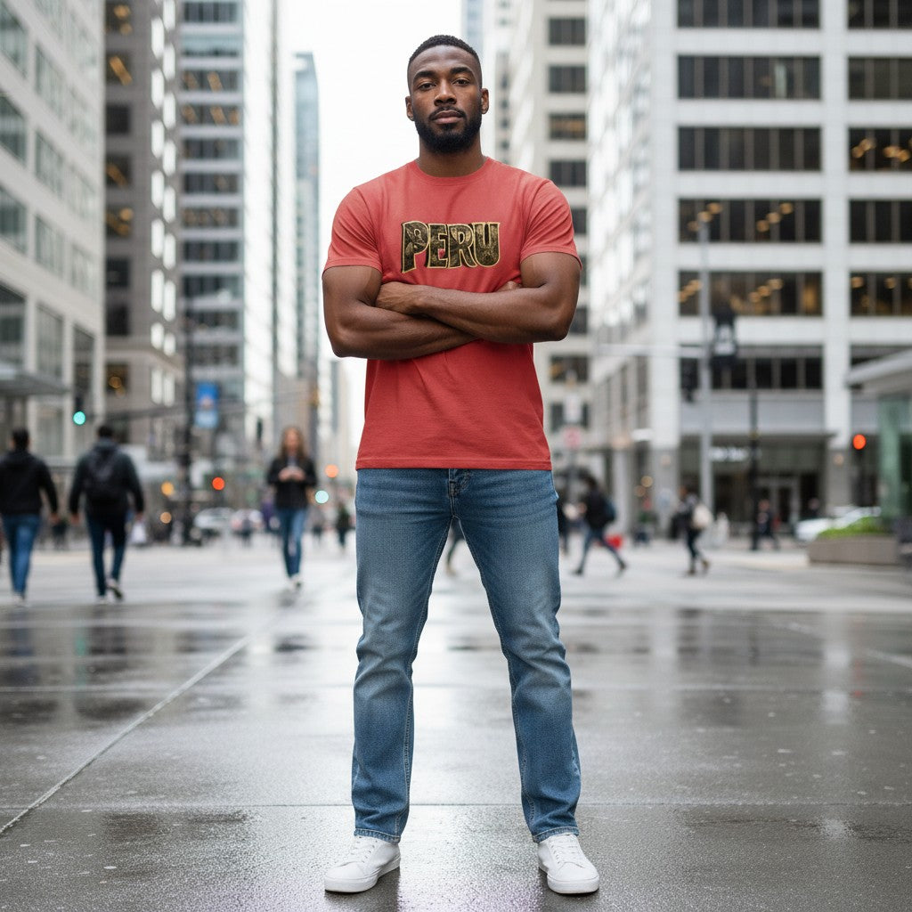 Man wearing a red Todo Tumi PERU Nazca Lines cotton t-shirt with gold graphic lettering in a city street setting.