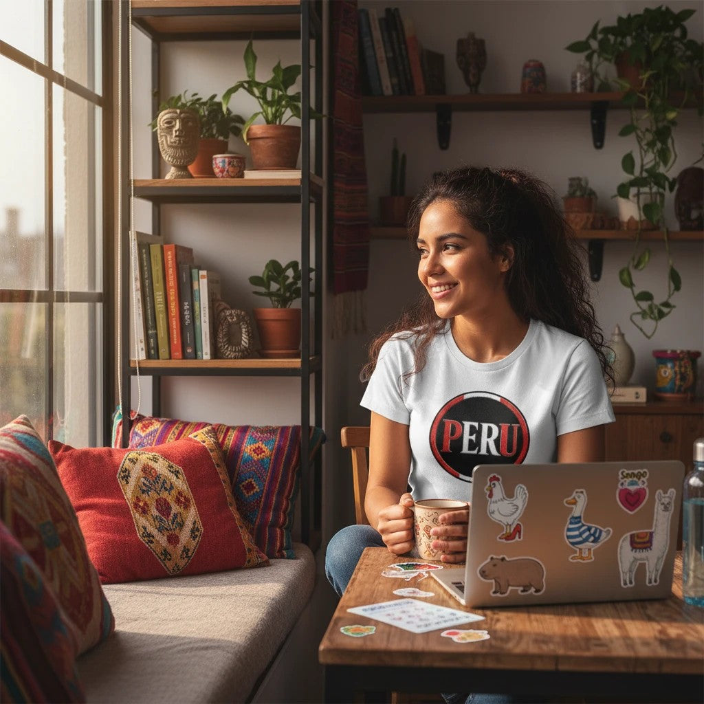 Woman wearing a white Todo Tumi Perú Pride Badge cotton t-shirt with a circular red and white Peru graphic logo.
