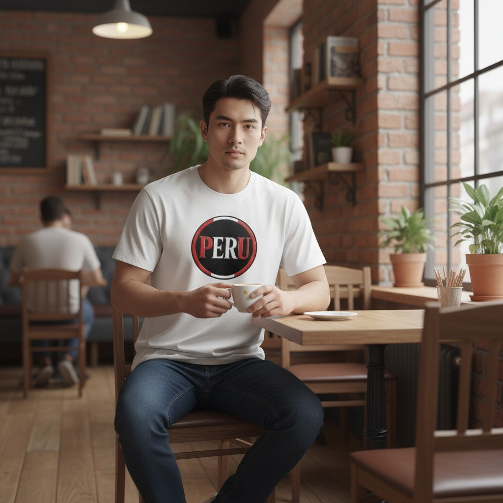 Man wearing a white Todo Tumi Perú Pride Badge cotton t-shirt with a red and white circular logo in a cafe setting.