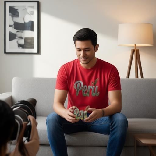 Man wearing a red Todo Tumi Perú Silver Script cotton tee with llama graphic, sitting on a couch during a photoshoot.
