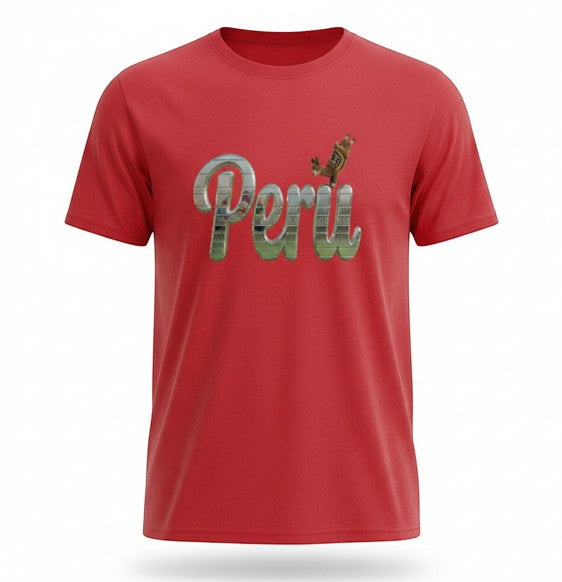 Todo Tumi red cotton unisex t-shirt featuring a silver script Peru graphic with a small llama detail.