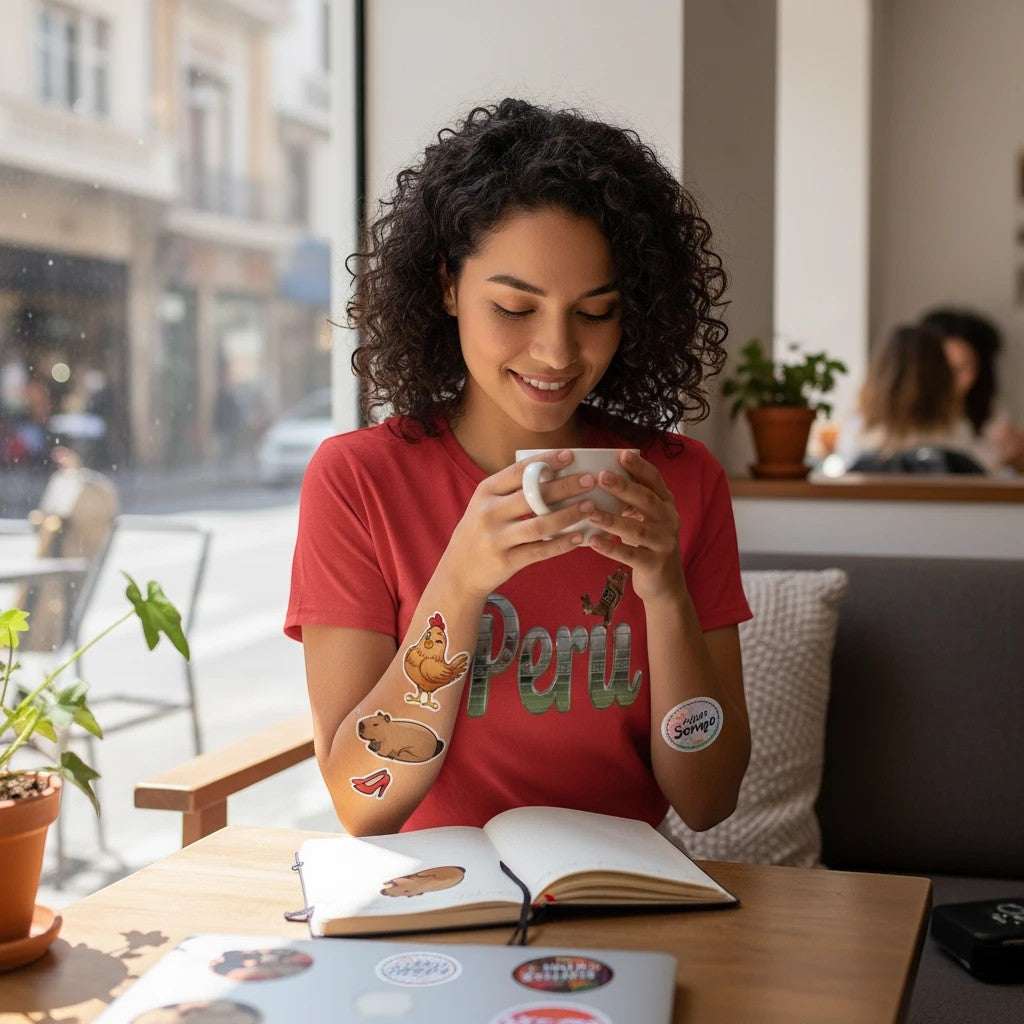 Woman wearing a red Todo Tumi Perú Silver Script Tee with silver lettering and a small llama detail in a cafe.