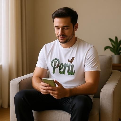 Man wearing a white Todo Tumi cotton tee with a silver script Perú graphic and a small llama accent.