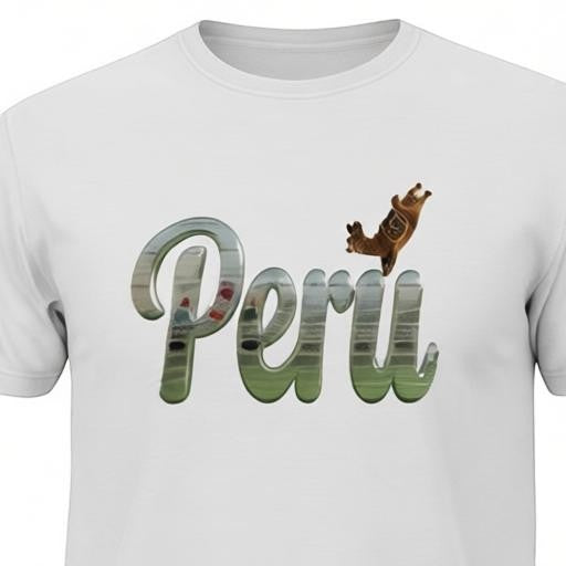 Todo Tumi white 100% cotton unisex tee featuring silver script text reading Peru with a small crochet llama accent.