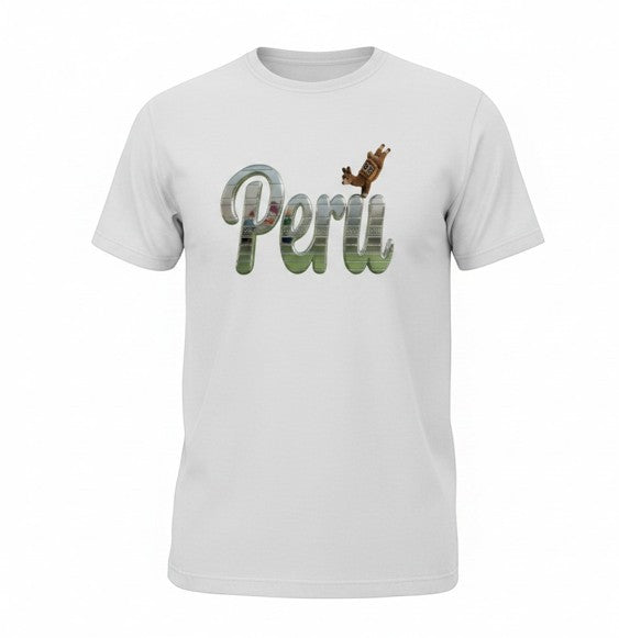 Todo Tumi white cotton unisex t-shirt featuring a silver script Perú graphic with a small crochet llama accent.