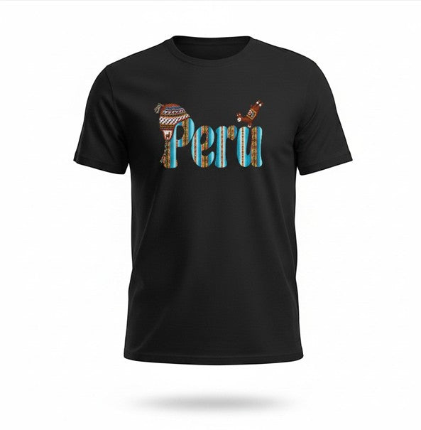 Todo Tumi black cotton unisex t-shirt featuring a colorful Peru graphic with a chullo hat and llama accent.