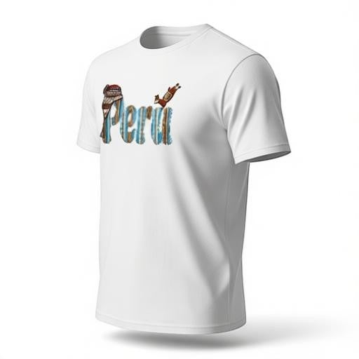 Todo Tumi white cotton unisex t-shirt featuring a Peru graphic with Andean textile patterns, a chullo, and a llama.
