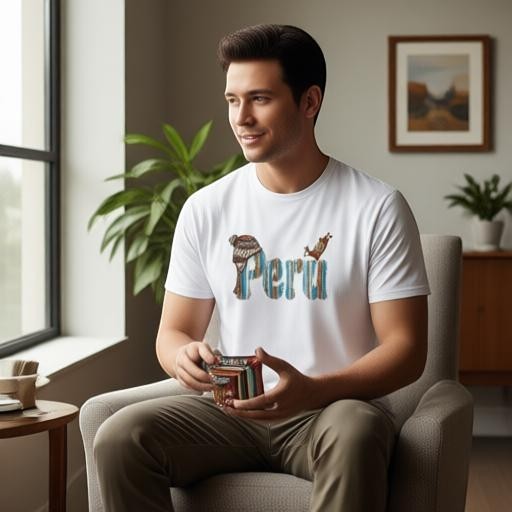 Man wearing a white Todo Tumi cotton t-shirt with a colorful Peru textile graphic featuring a chullo and llama.