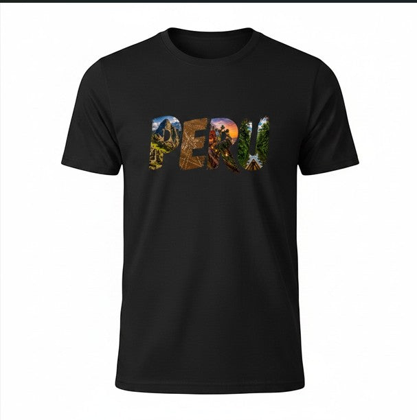 Todo Tumi black cotton unisex t-shirt featuring PERU typographic design filled with photography of Peruvian landmarks.
