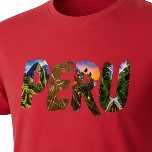 Todo Tumi red cotton unisex t-shirt featuring PERU typographic design filled with photographic travel imagery.