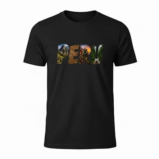 Todo Tumi black 100% cotton unisex t-shirt featuring PERU typographic design with photographic landscape prints.