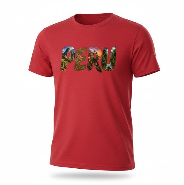 Todo Tumi red 100% cotton unisex t-shirt featuring PERU typographic design filled with travel photography.