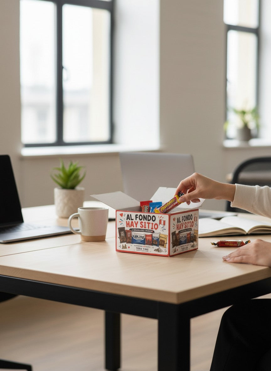 Todo Tumi Al Fondo Hay Sitio gift box filled with assorted Peruvian chocolates on a desk in a bright office setting.