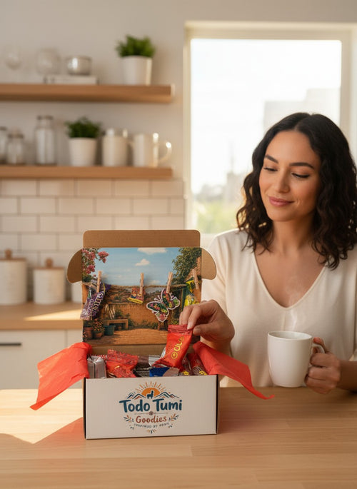 Woman opening a Todo Tumi gift box filled with Peruvian chocolates and treats in a bright kitchen setting.