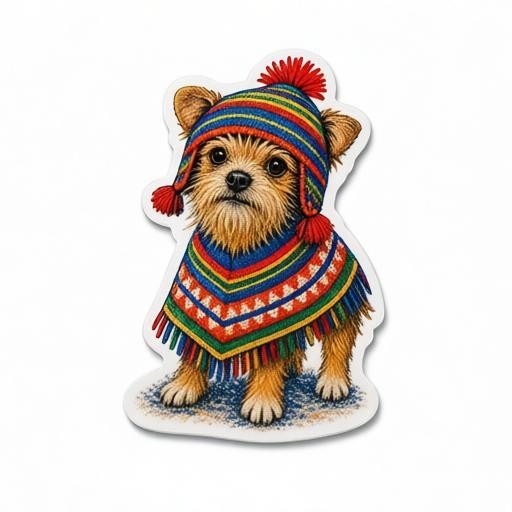 Todo Tumi laminated sticker featuring a cute dog wearing a colorful striped Peruvian poncho and chullo hat.