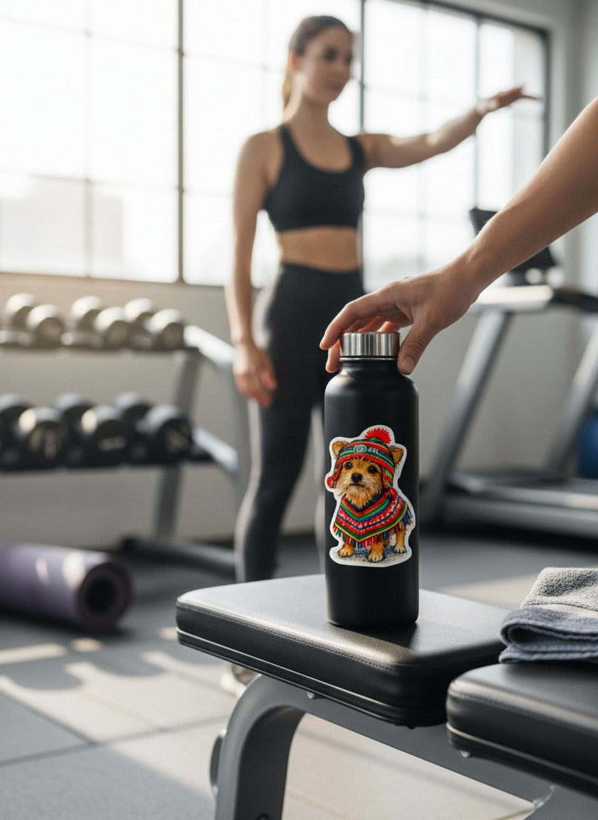 Todo Tumi waterproof sticker of a dog wearing a colorful Peruvian poncho and chullo hat on a black water bottle.