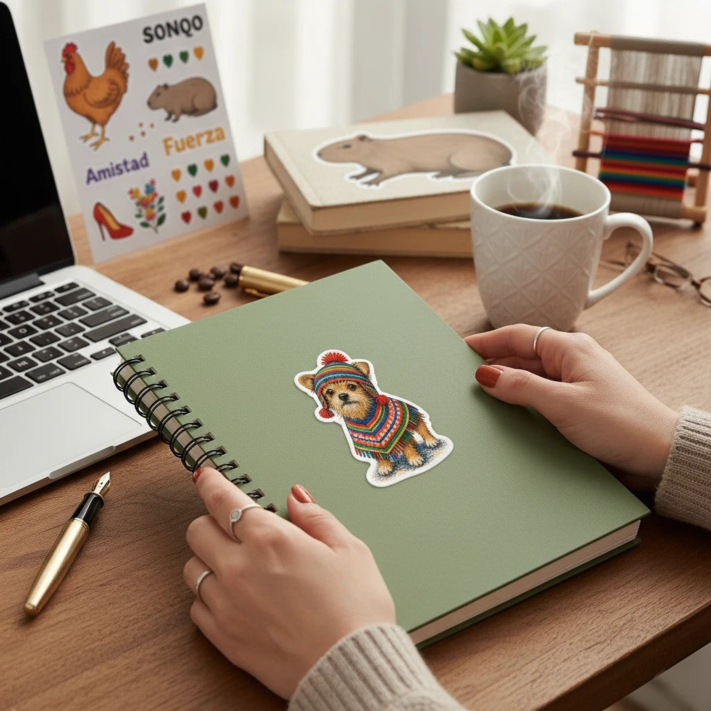 Todo Tumi laminated sticker of a dog wearing a colorful Peruvian poncho and chullo hat on a green spiral notebook.