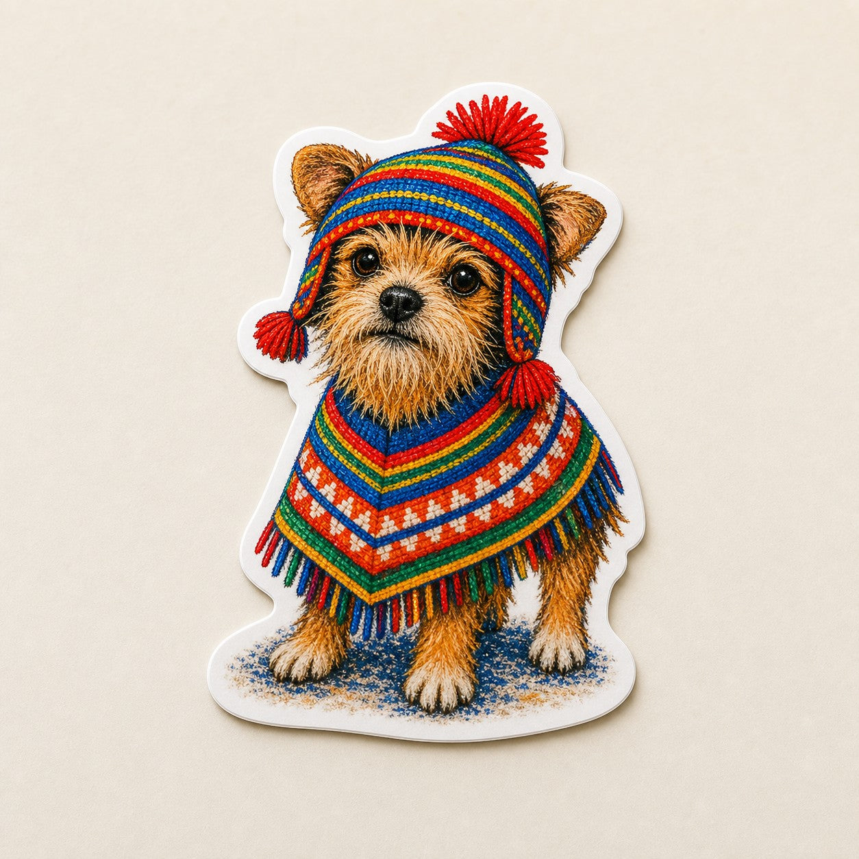 Todo Tumi waterproof laminated sticker of a cute dog wearing a colorful Peruvian poncho and chullo hat with tassels.